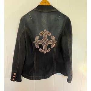 Vintage Christina V Denim Button Front Blazer‎ Jacket Studded Cross 2 Size Small